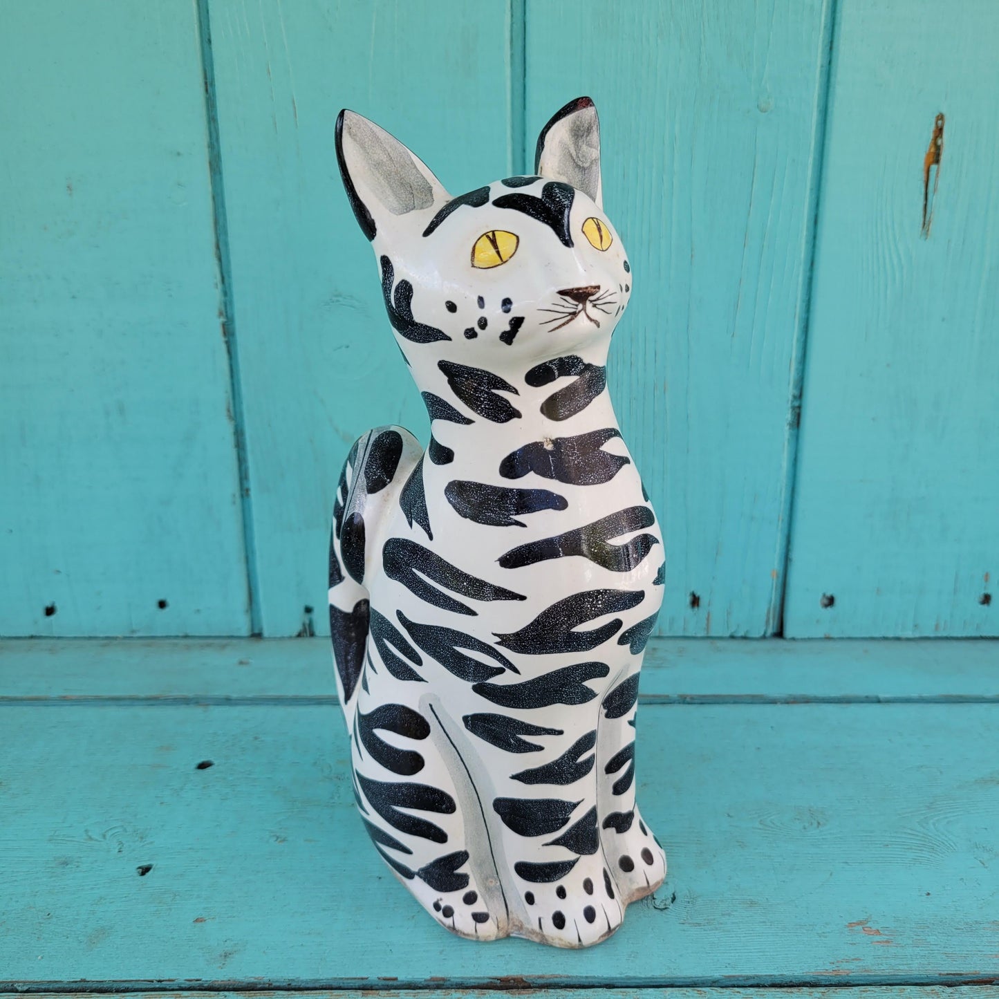 Rare 1960s Italian handpainted black & white ceramic cat vase, marked 161