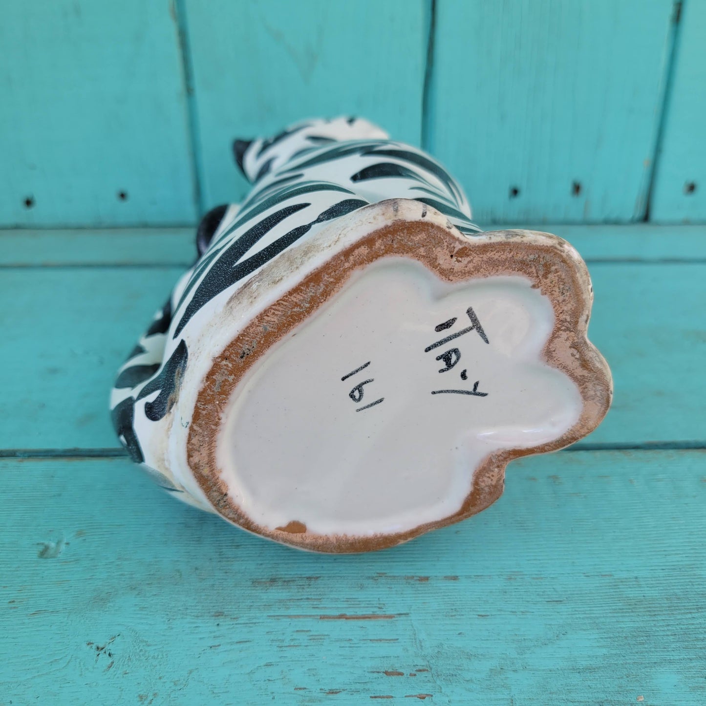 Rare 1960s Italian handpainted black & white ceramic cat vase, marked 161