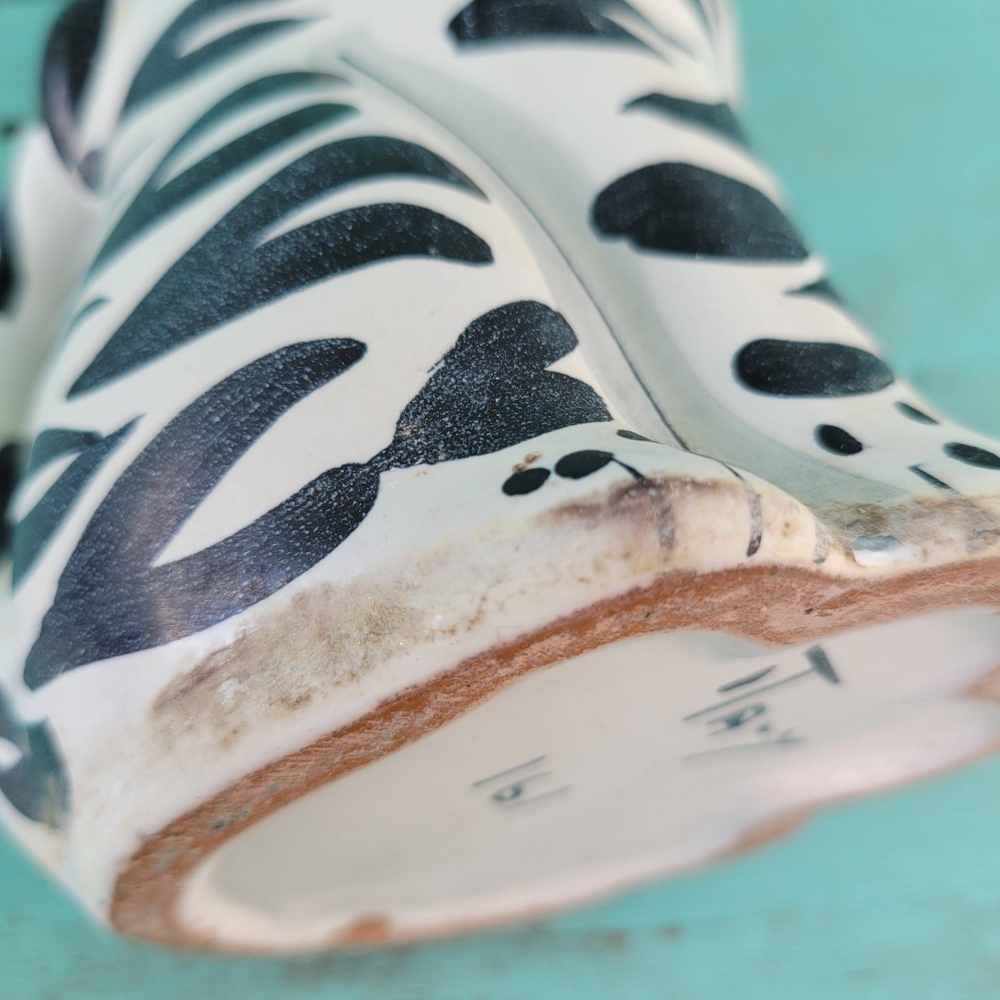 Rare 1960s Italian handpainted black & white ceramic cat vase, marked 161