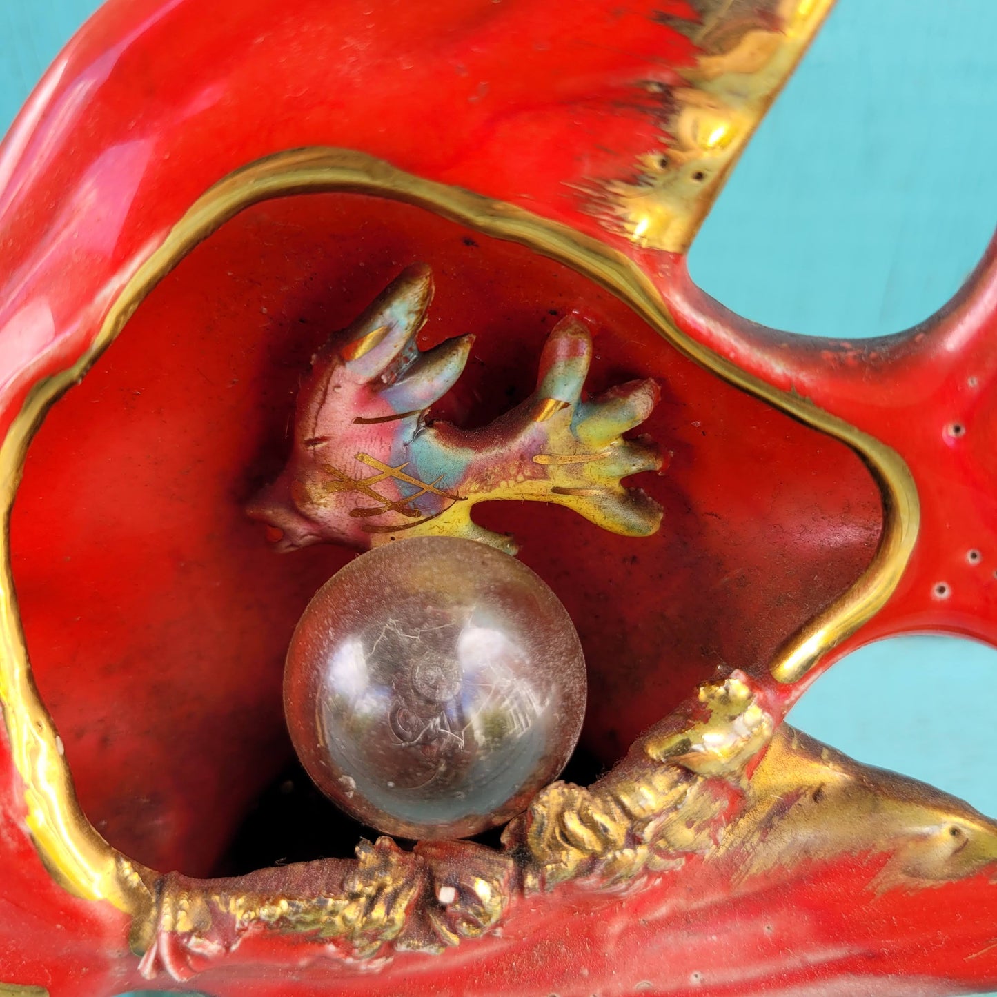 Mid-century red & gold Vallauris ceramic fish mini lamp / TV lamp