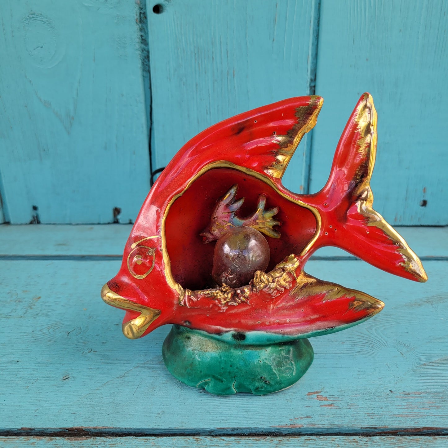 Mid-century red & gold Vallauris ceramic fish mini lamp / TV lamp