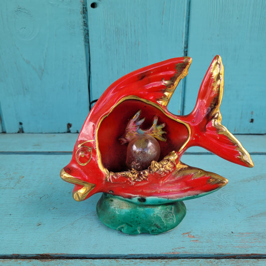 Mid-century red & gold Vallauris ceramic fish mini lamp / TV lamp