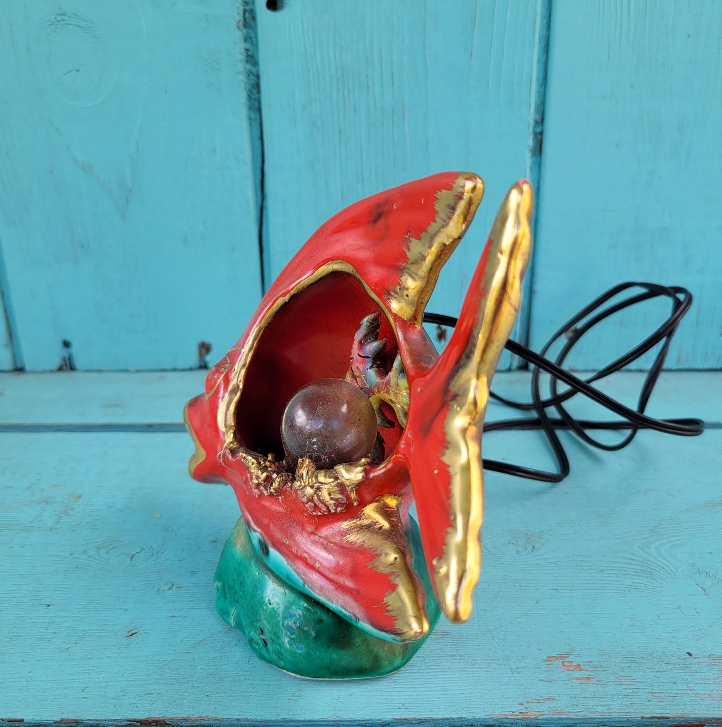 Mid-century red & gold Vallauris ceramic fish mini lamp / TV lamp