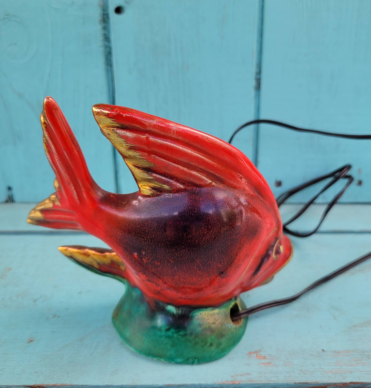 Mid-century red & gold Vallauris ceramic fish mini lamp / TV lamp