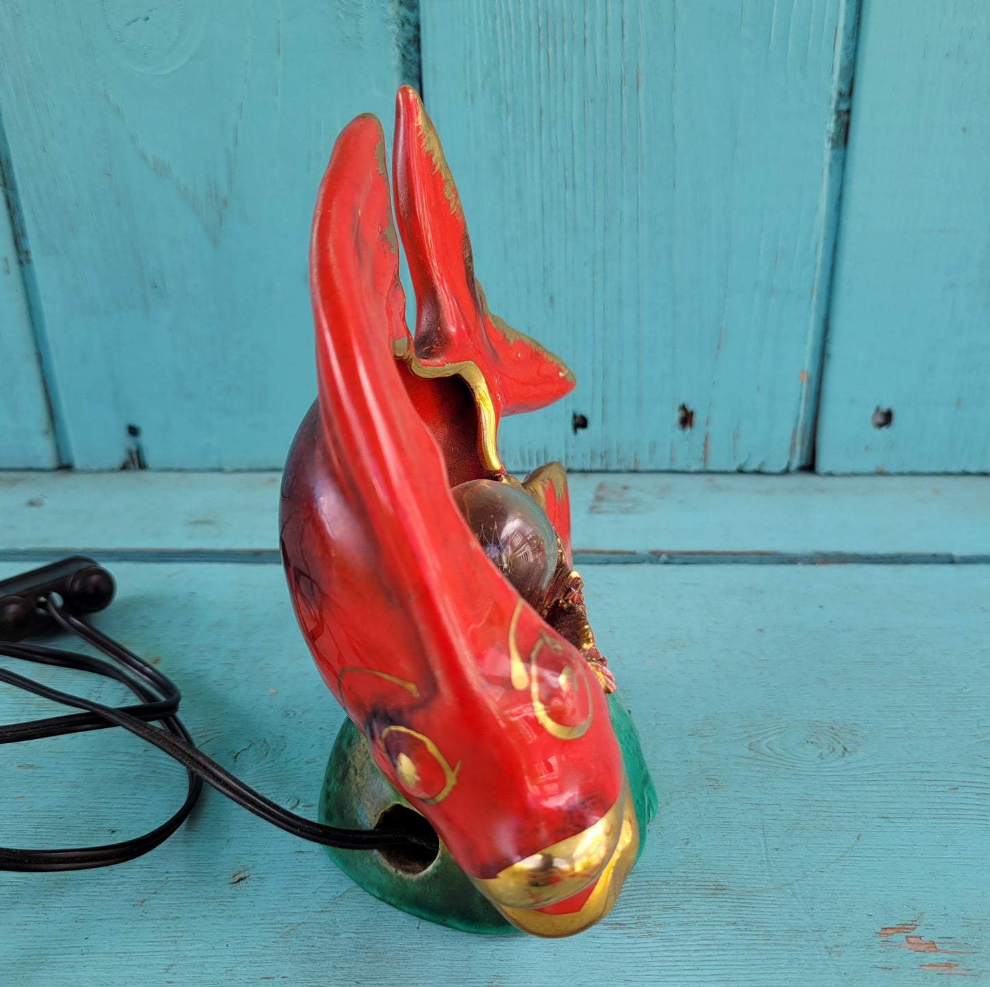 Mid-century red & gold Vallauris ceramic fish mini lamp / TV lamp