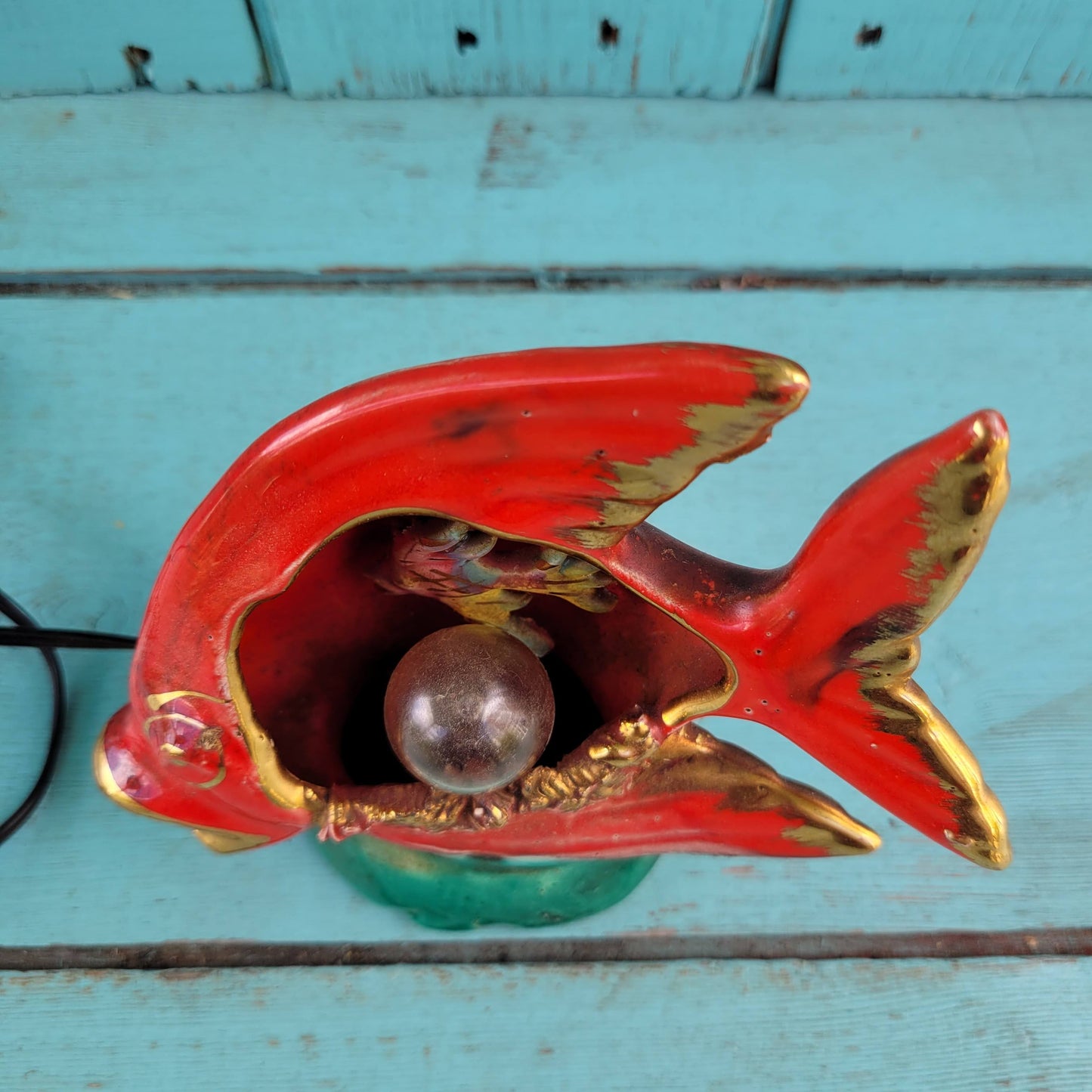 Mid-century red & gold Vallauris ceramic fish mini lamp / TV lamp