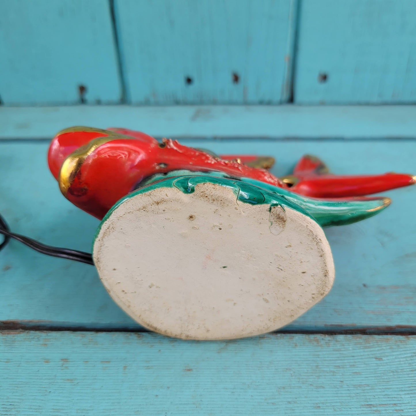 Mid-century red & gold Vallauris ceramic fish mini lamp / TV lamp