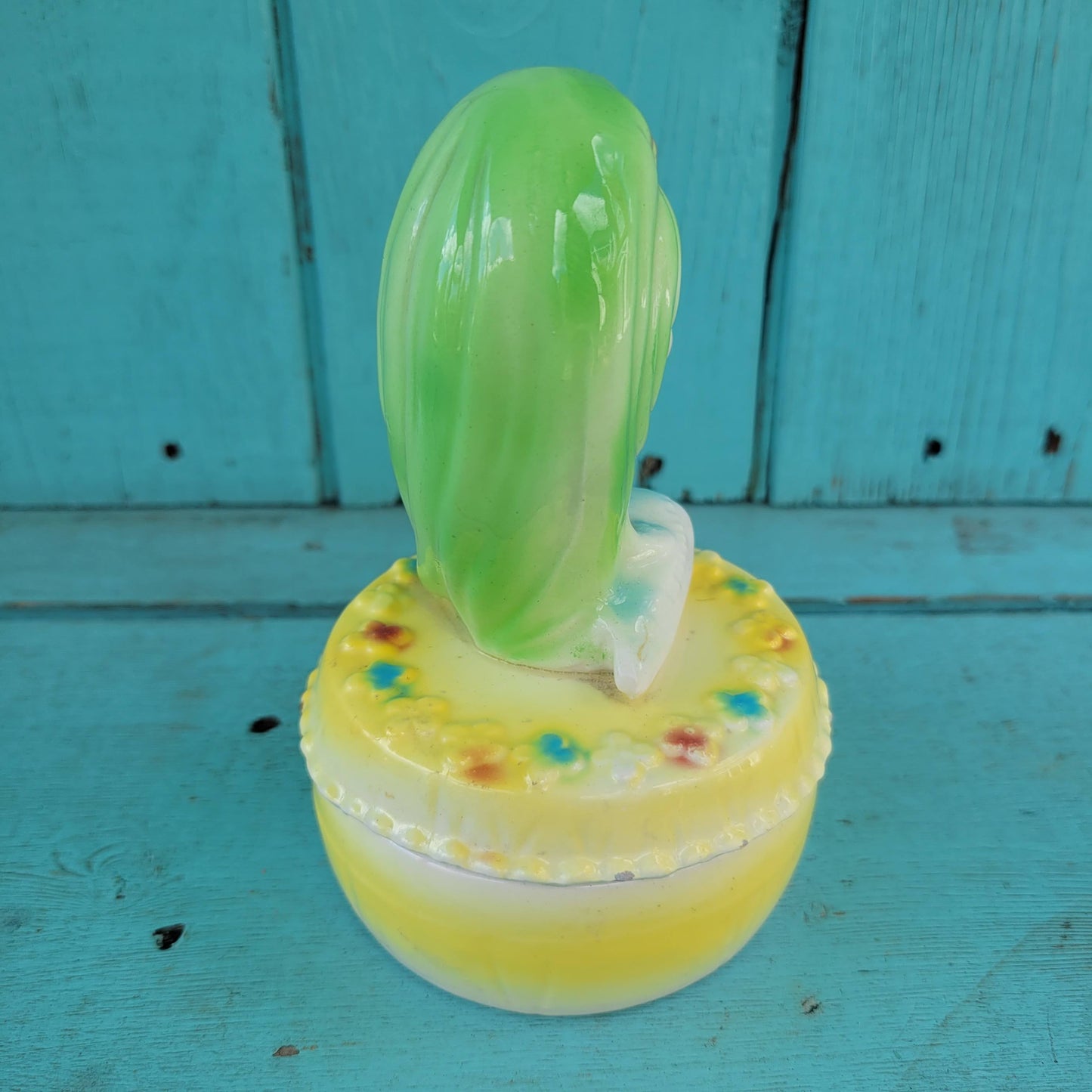Kitsch 1960s ceramic mod girl trinket pot, green hair