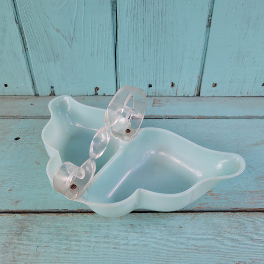 circa. late 1940s pale turquoise acrylic butterfly shaped trinket dish with scroll-shaped handle