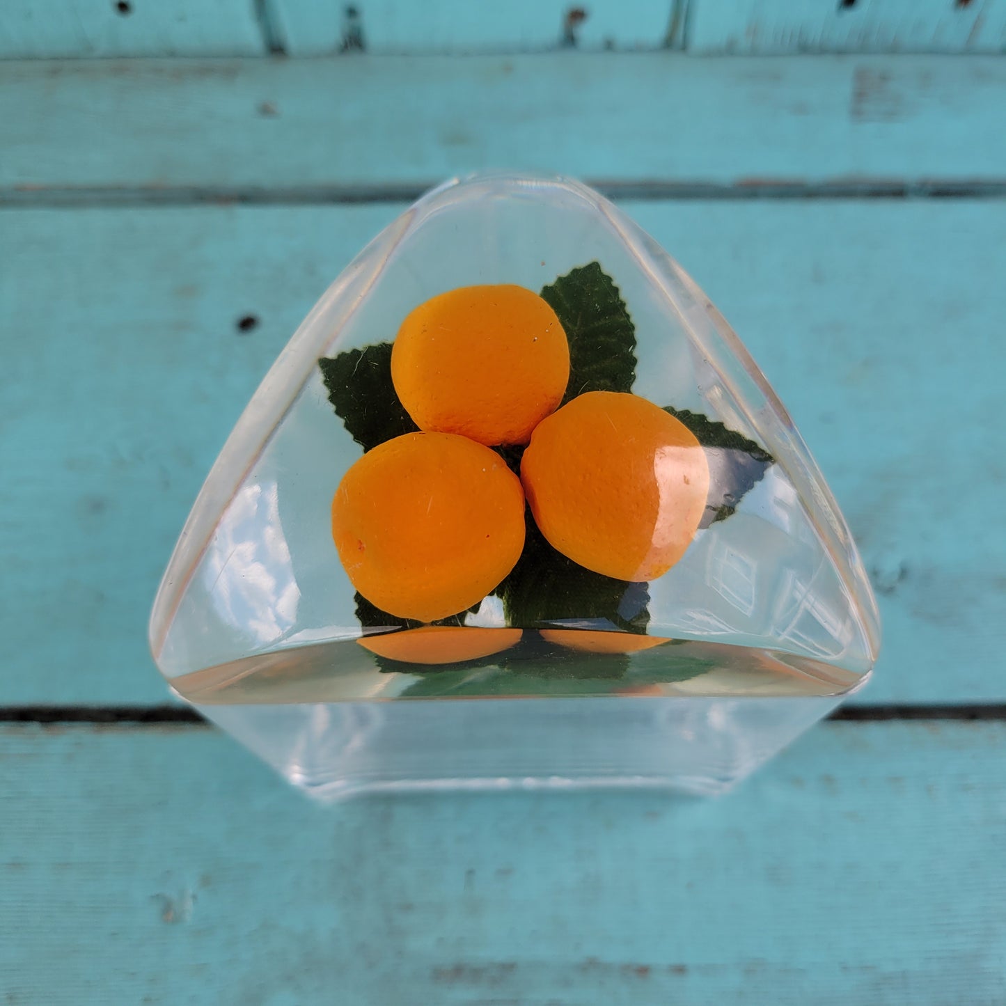 1960s triangular acrylic preserve pot wth fake oranges in lid, and spoon