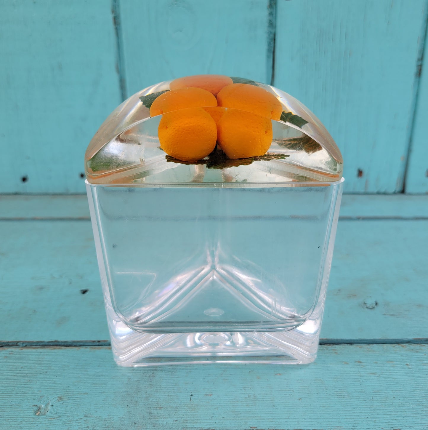 1960s triangular acrylic preserve pot wth fake oranges in lid, and spoon