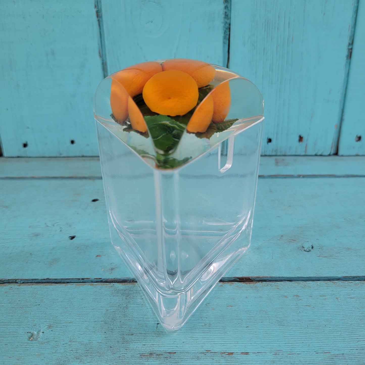 1960s triangular acrylic preserve pot wth fake oranges in lid, and spoon