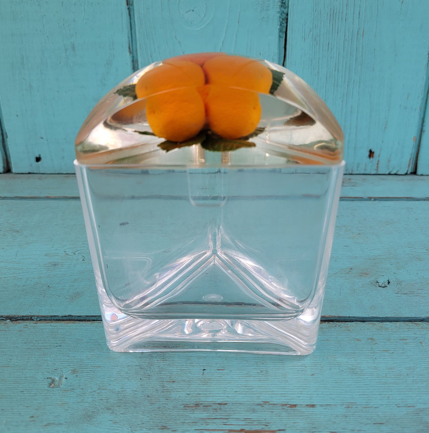 1960s triangular acrylic preserve pot wth fake oranges in lid, and spoon