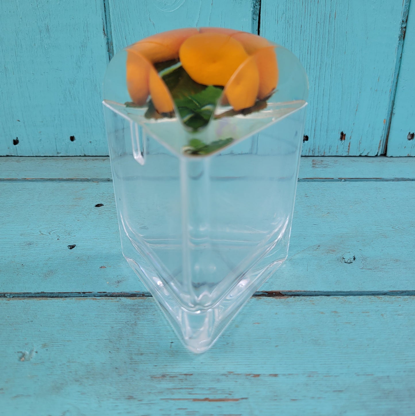 1960s triangular acrylic preserve pot wth fake oranges in lid, and spoon