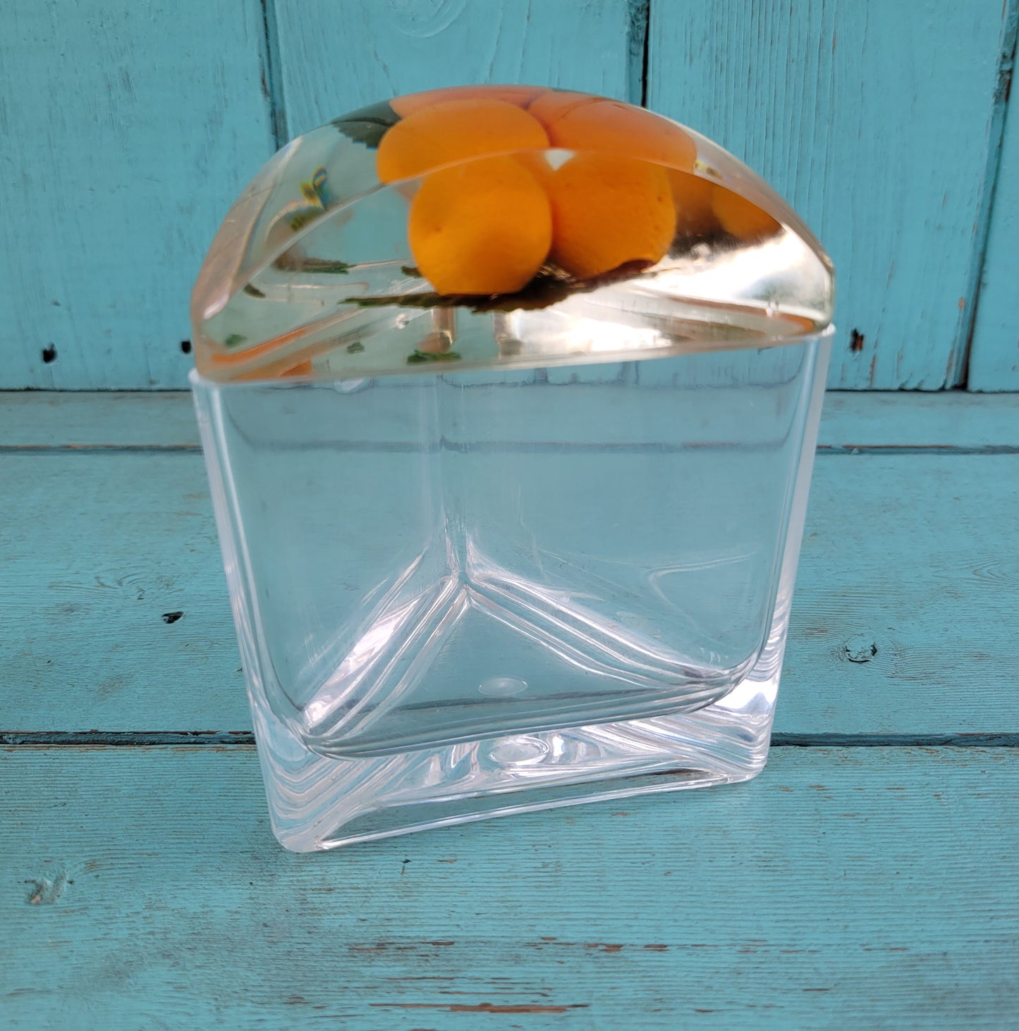 1960s triangular acrylic preserve pot wth fake oranges in lid, and spoon