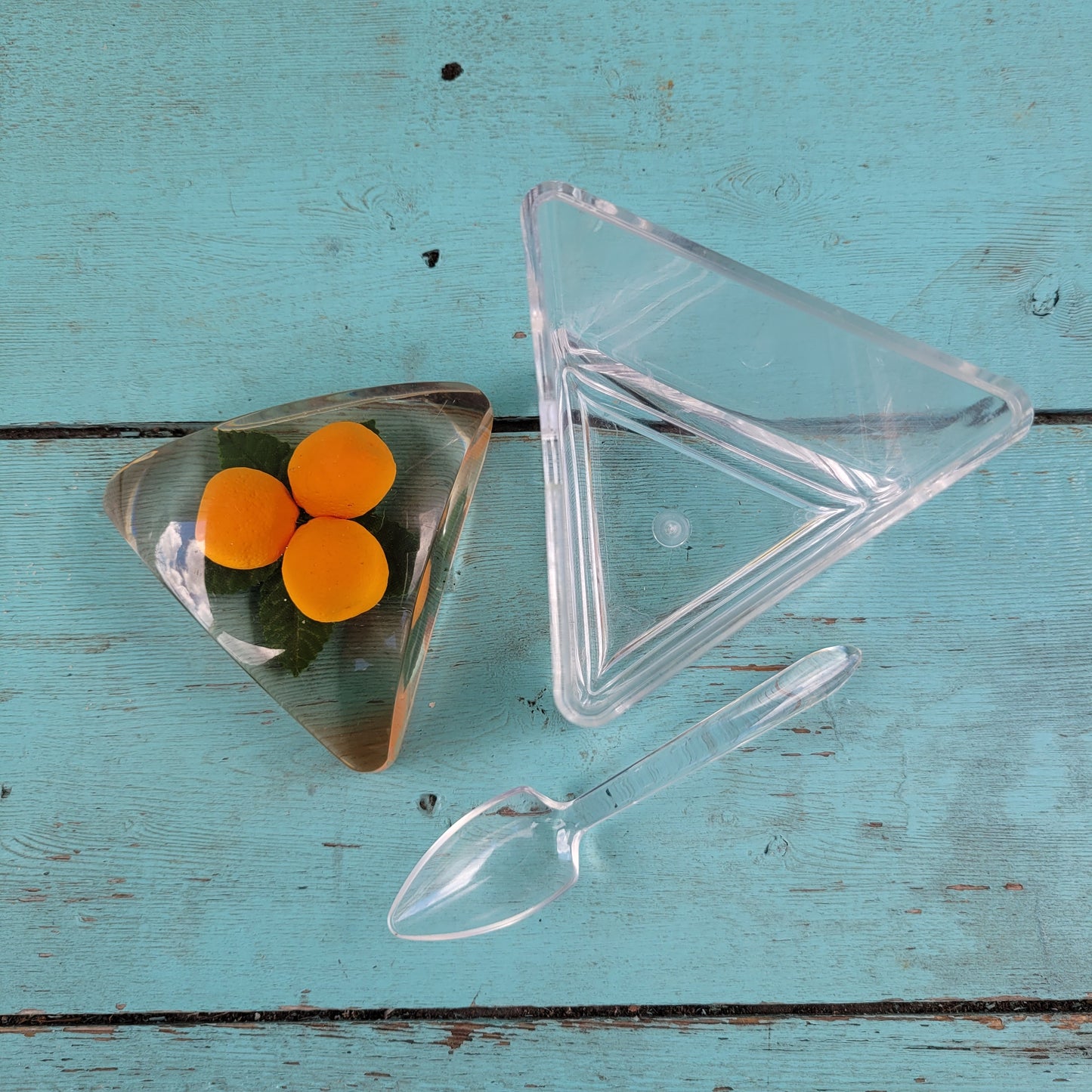 1960s triangular acrylic preserve pot wth fake oranges in lid, and spoon