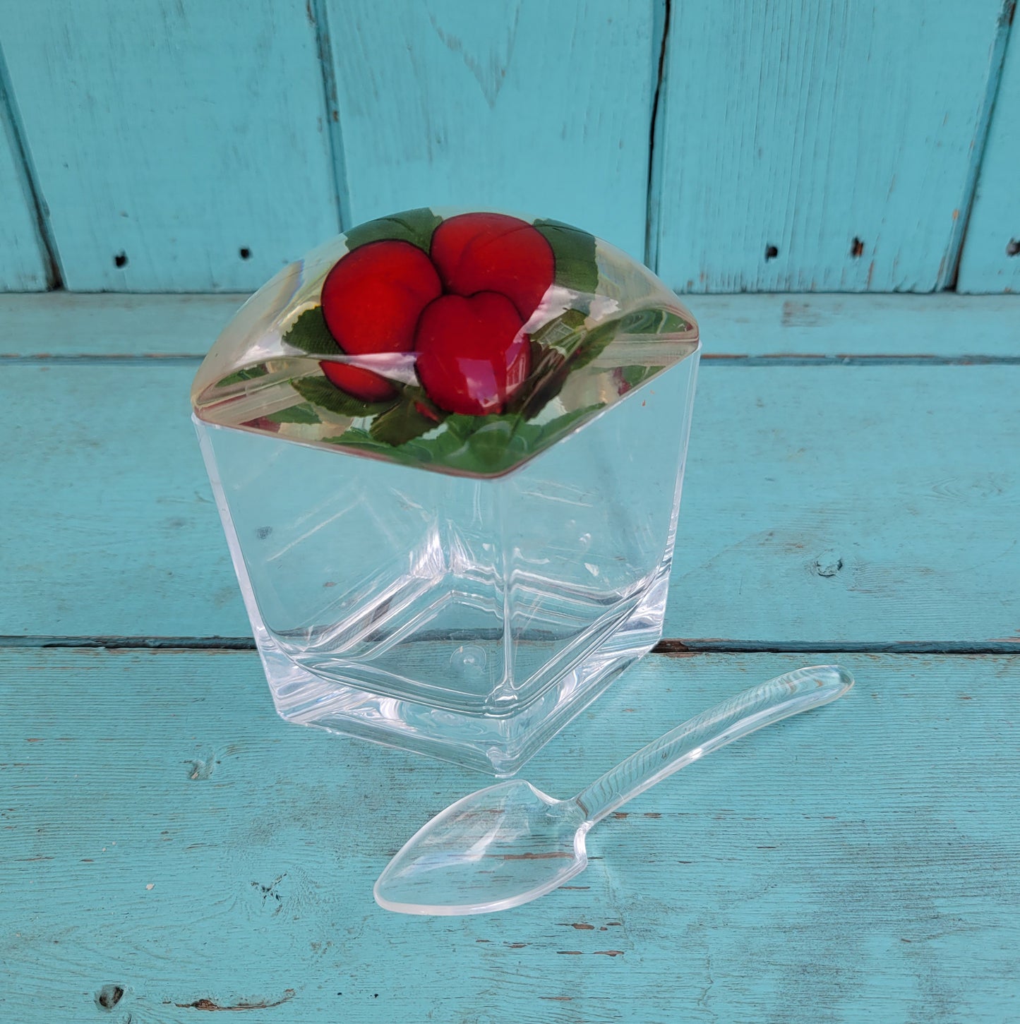 1960s triangular acrylic preserve pot wth fake strawberries in lid, and spoon