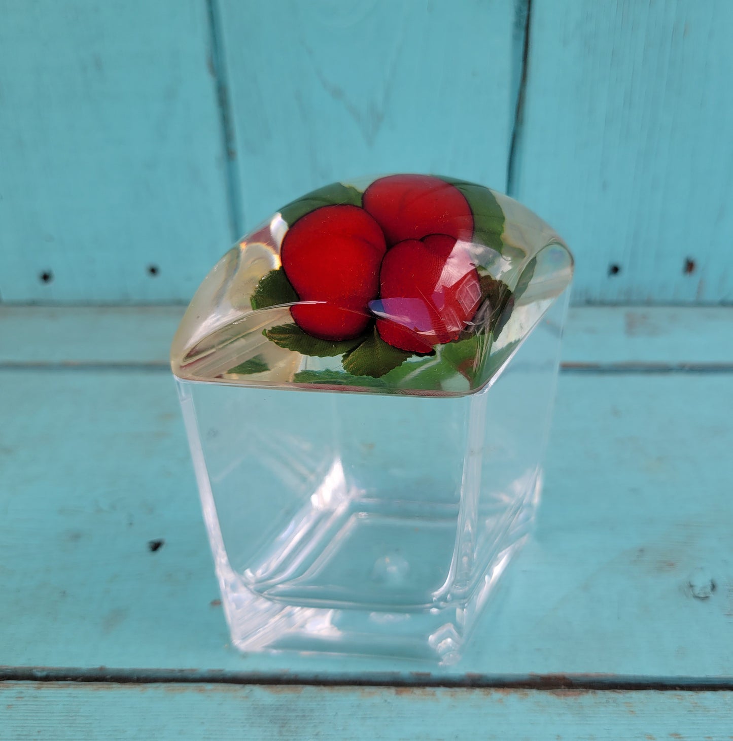 1960s triangular acrylic preserve pot wth fake strawberries in lid, and spoon