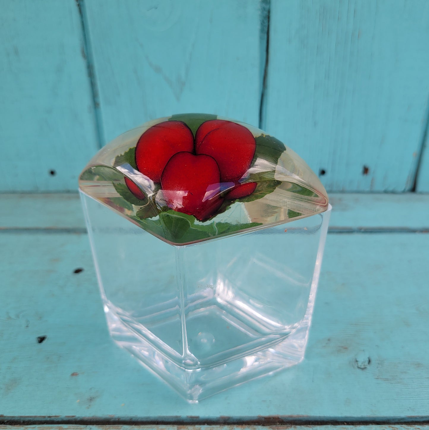 1960s triangular acrylic preserve pot wth fake strawberries in lid, and spoon