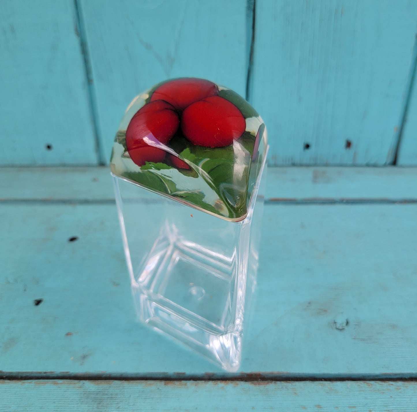 1960s triangular acrylic preserve pot wth fake strawberries in lid, and spoon