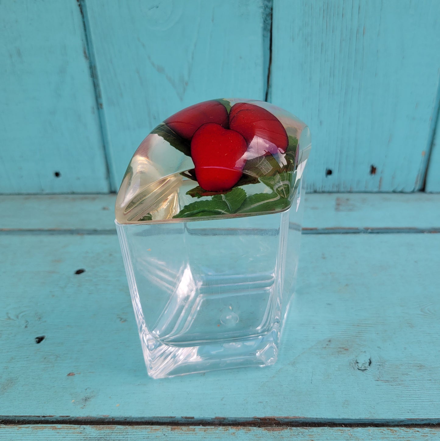 1960s triangular acrylic preserve pot wth fake strawberries in lid, and spoon