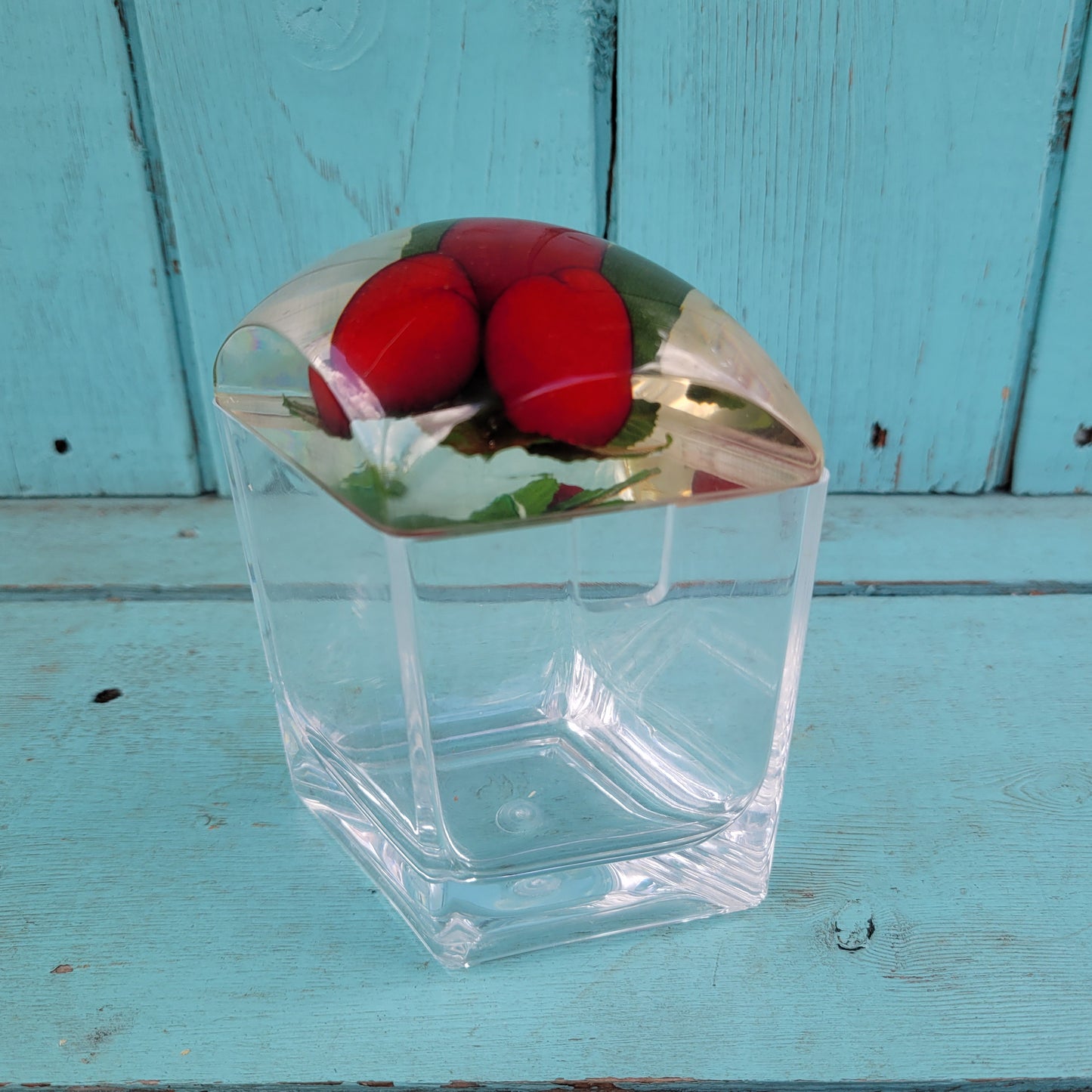 1960s triangular acrylic preserve pot wth fake strawberries in lid, and spoon