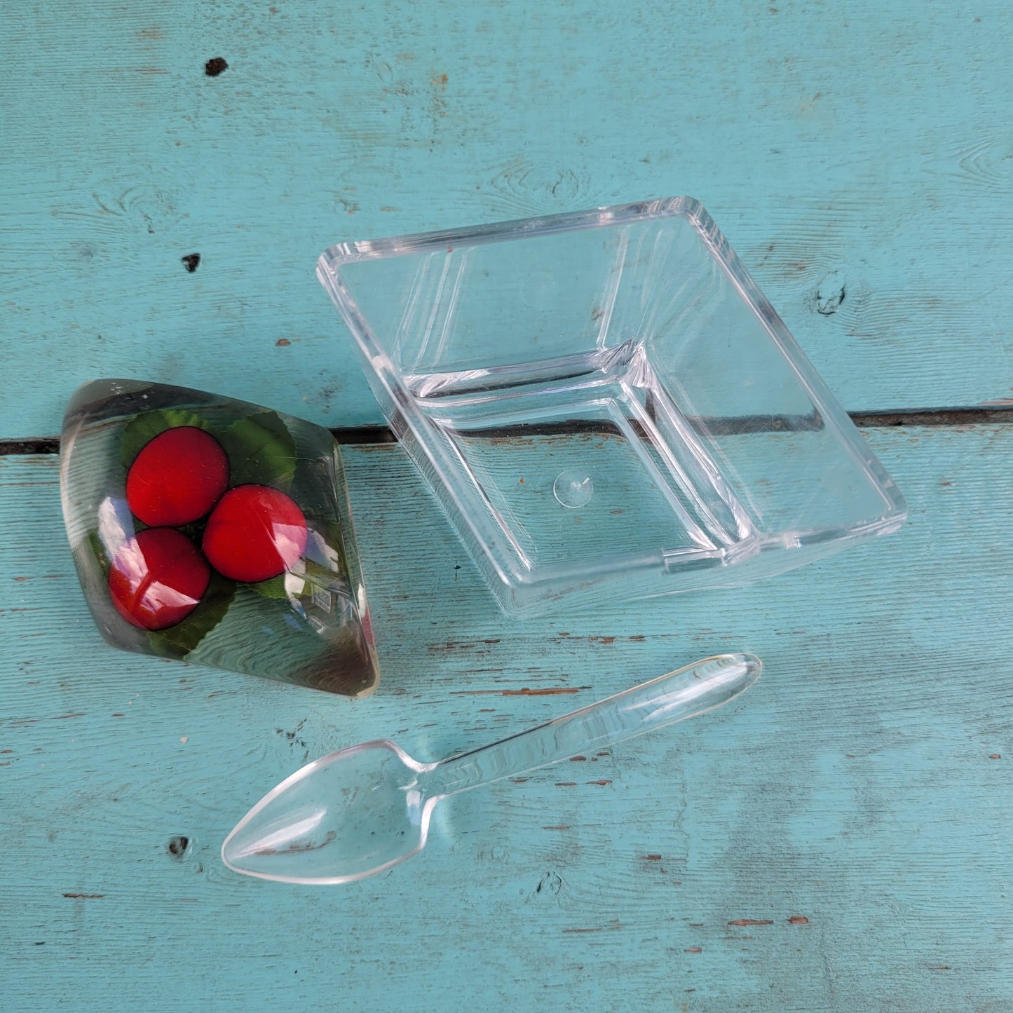 1960s triangular acrylic preserve pot wth fake strawberries in lid, and spoon