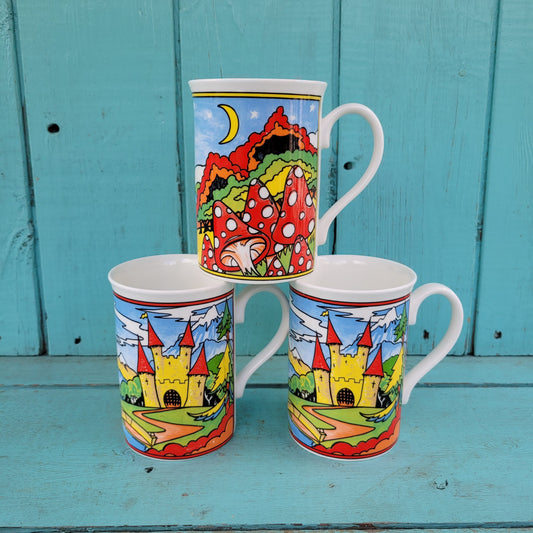 Three vintage illustrated Duchess bone china mugs