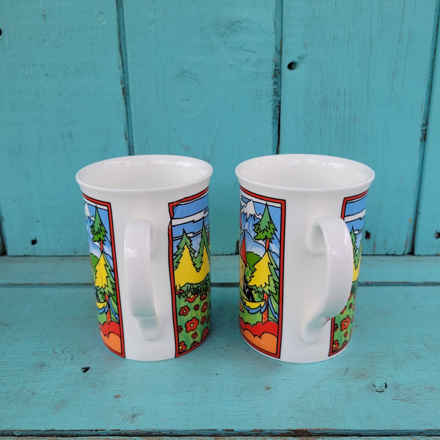 Three vintage illustrated Duchess bone china mugs