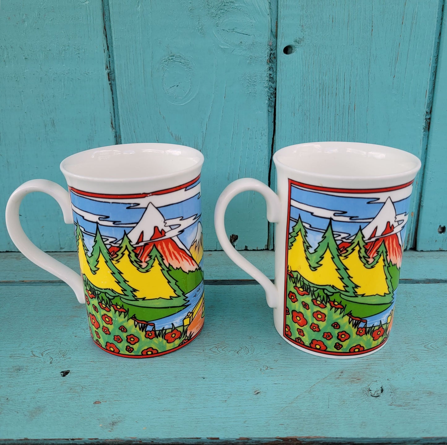 Three vintage illustrated Duchess bone china mugs