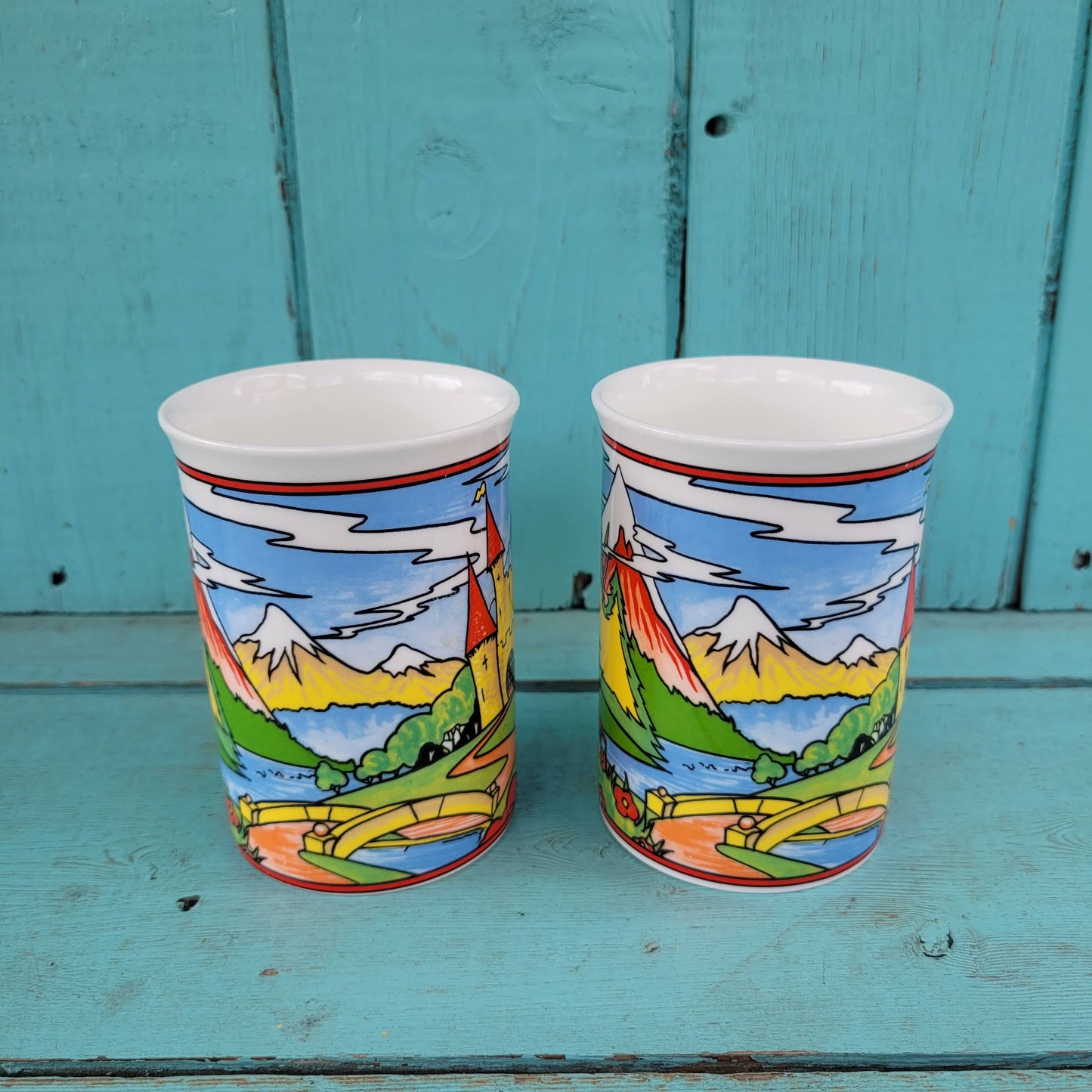 Three vintage illustrated Duchess bone china mugs