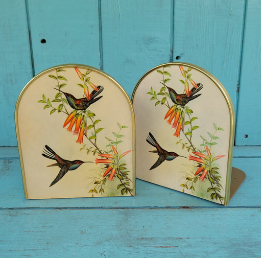 Pair of 1970s Chalford Glos Arnold Design brass-edged John Gould hummingbird print bookends