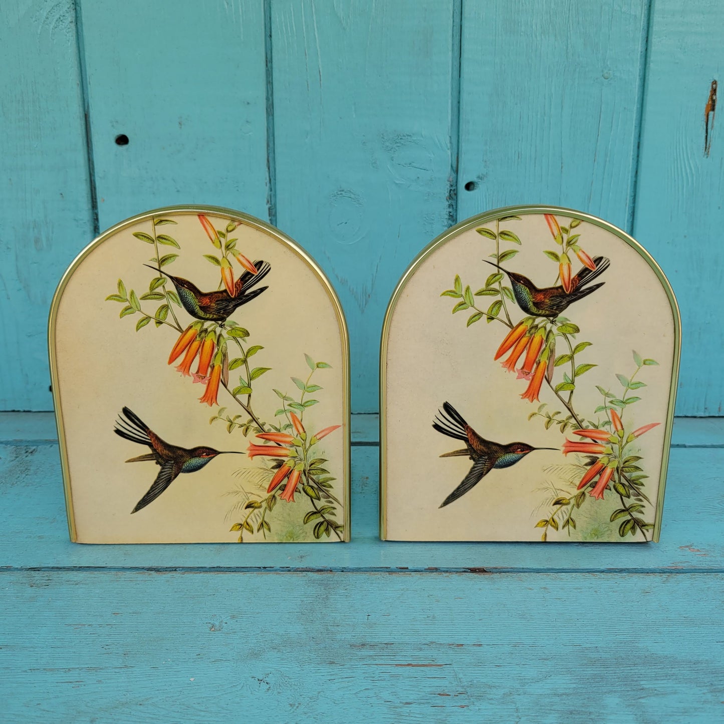 Pair of 1970s Chalford Glos Arnold Design brass-edged John Gould hummingbird print bookends