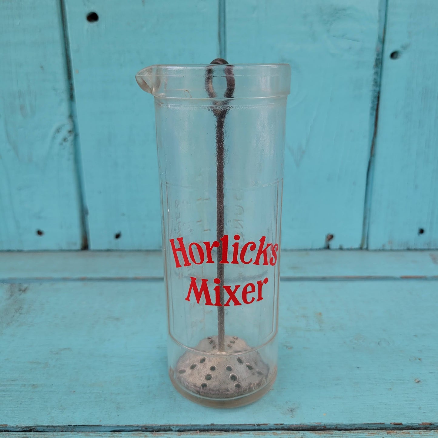 Vintage glass Horlicks mixer with original metal stirrer