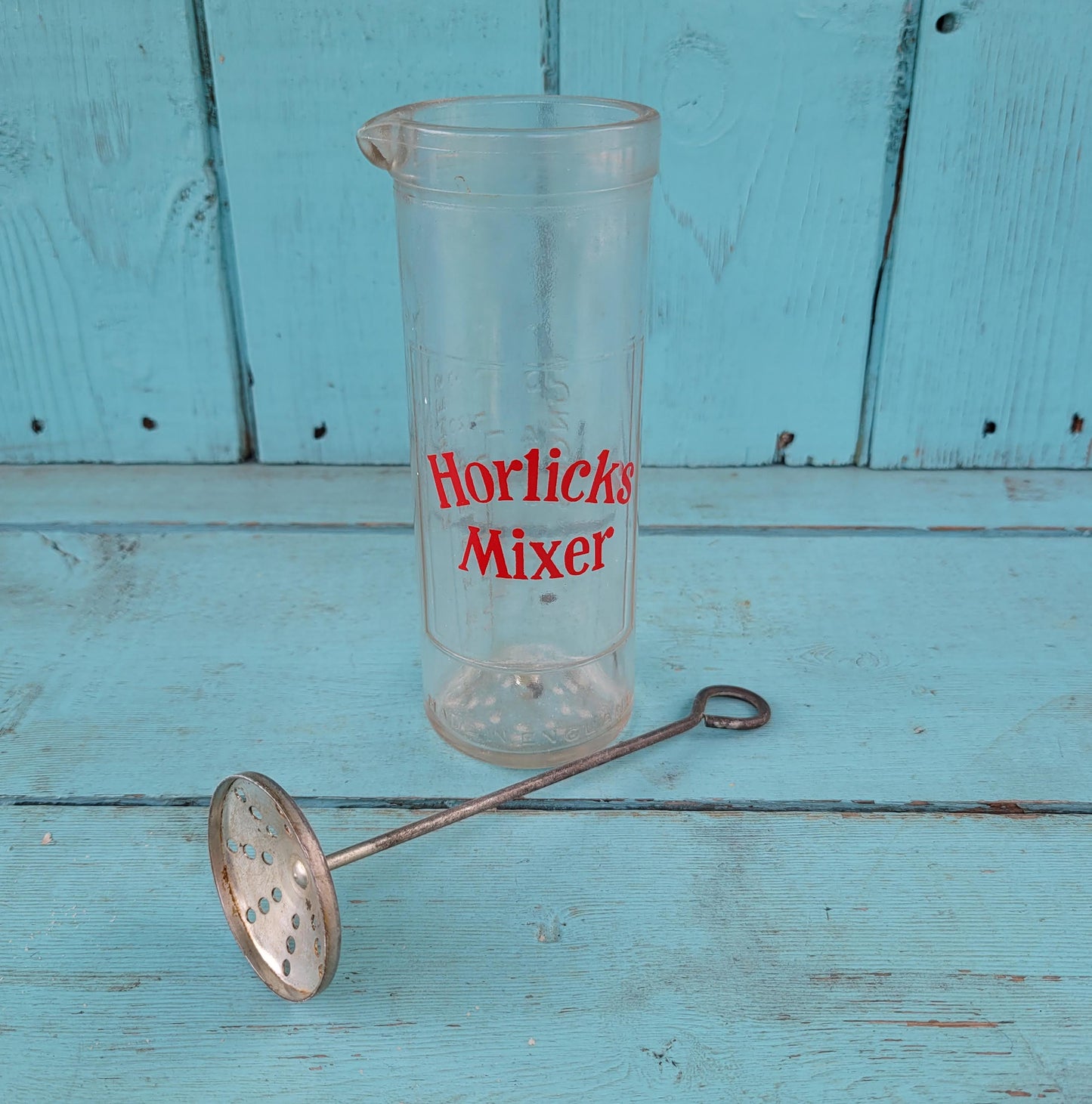 Vintage glass Horlicks mixer with original metal stirrer