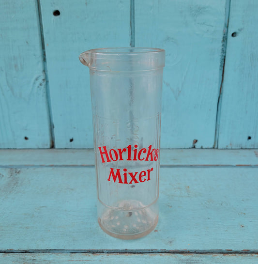Vintage glass Horlicks mixer with original metal stirrer