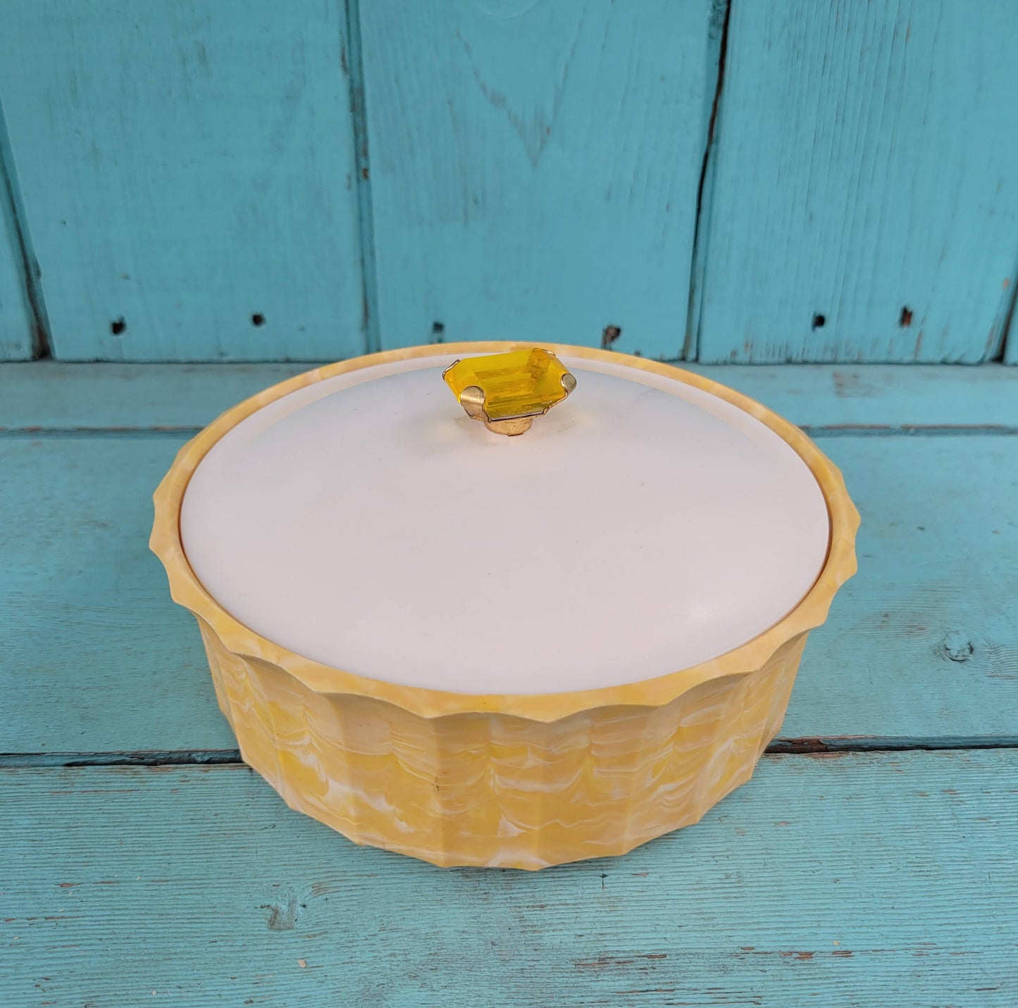 1960s Avon Topaze Beauty Dust marbled plastic face powder pot with plastic jewel detail (empty)