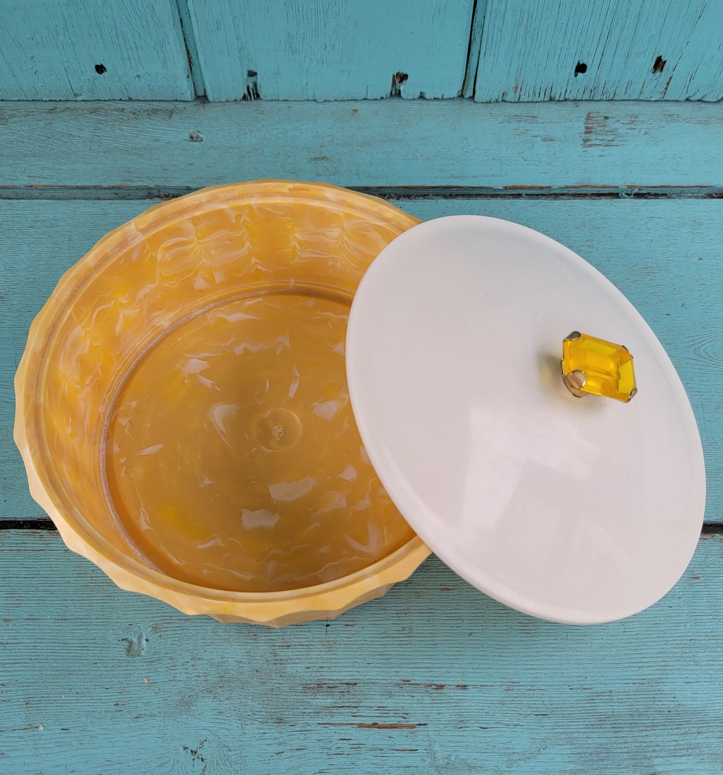 1960s Avon Topaze Beauty Dust marbled plastic face powder pot with plastic jewel detail (empty)