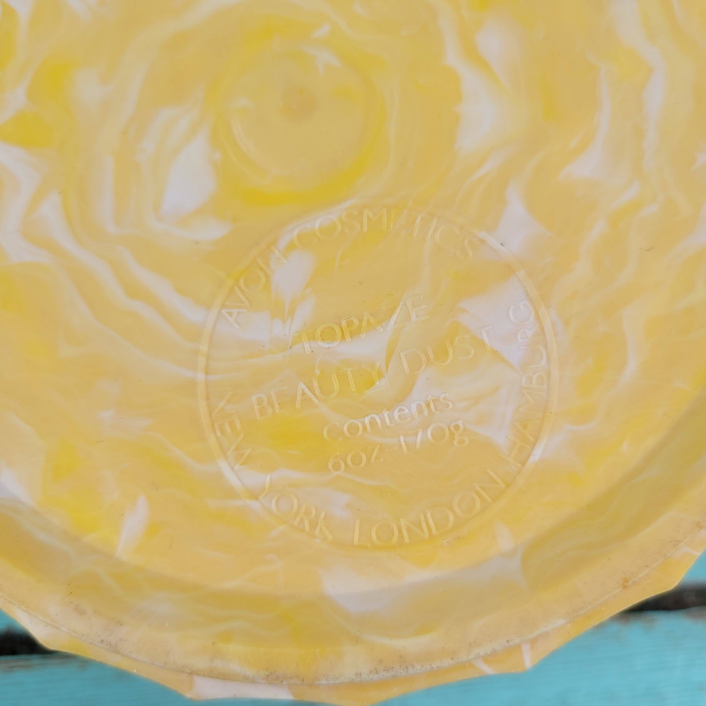 1960s Avon Topaze Beauty Dust marbled plastic face powder pot with plastic jewel detail (empty)