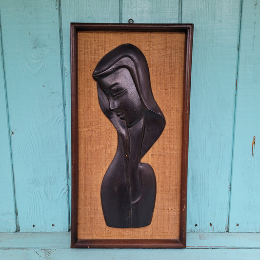 1950s framed ebony Madonna plaque, No.4314