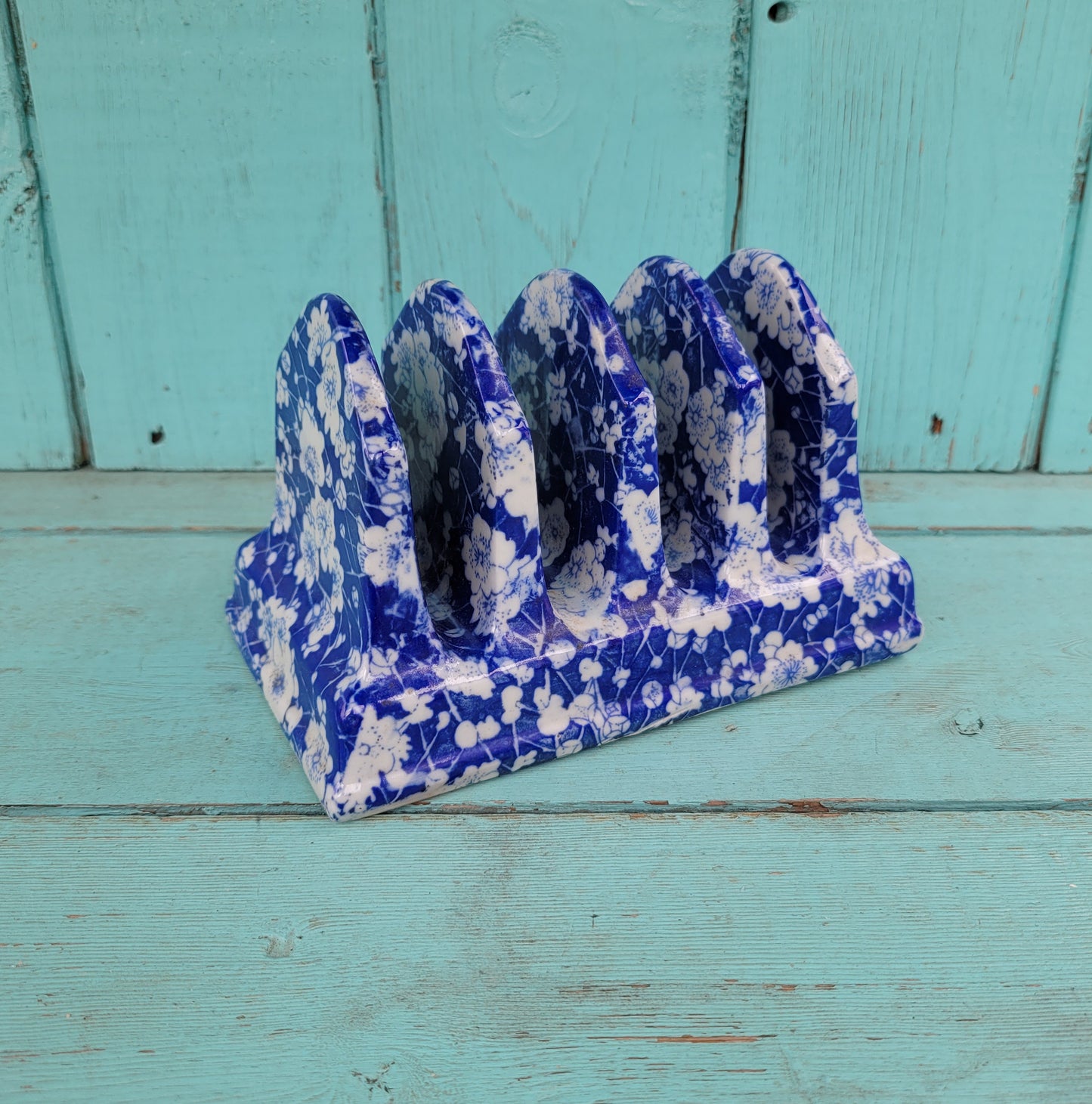 Vintage Ironstone China blue & white floral earthenware toast rack