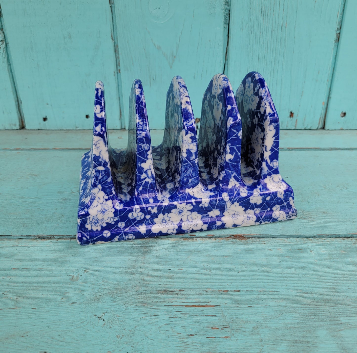 Vintage Ironstone China blue & white floral earthenware toast rack