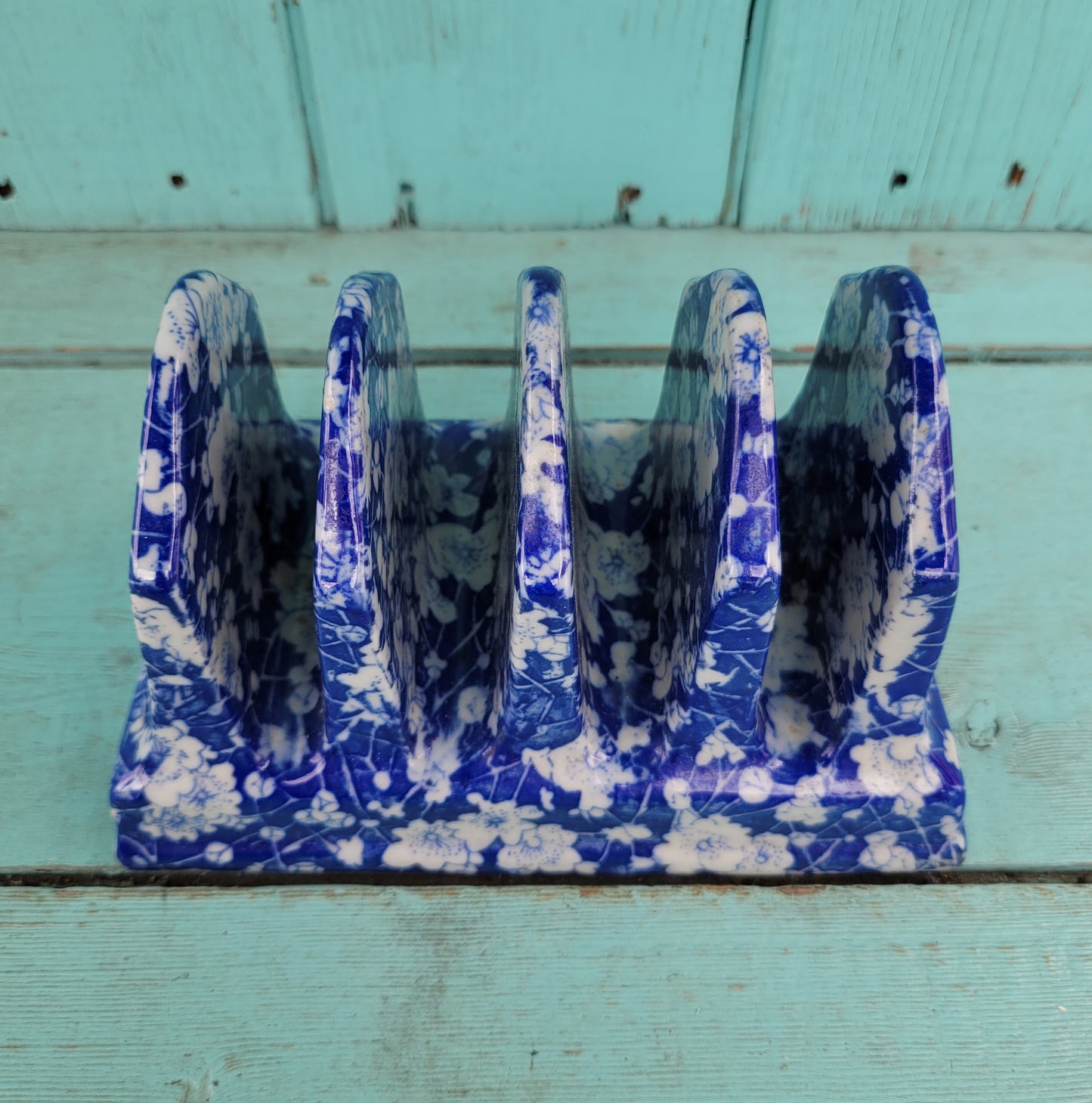 Vintage Ironstone China blue & white floral earthenware toast rack