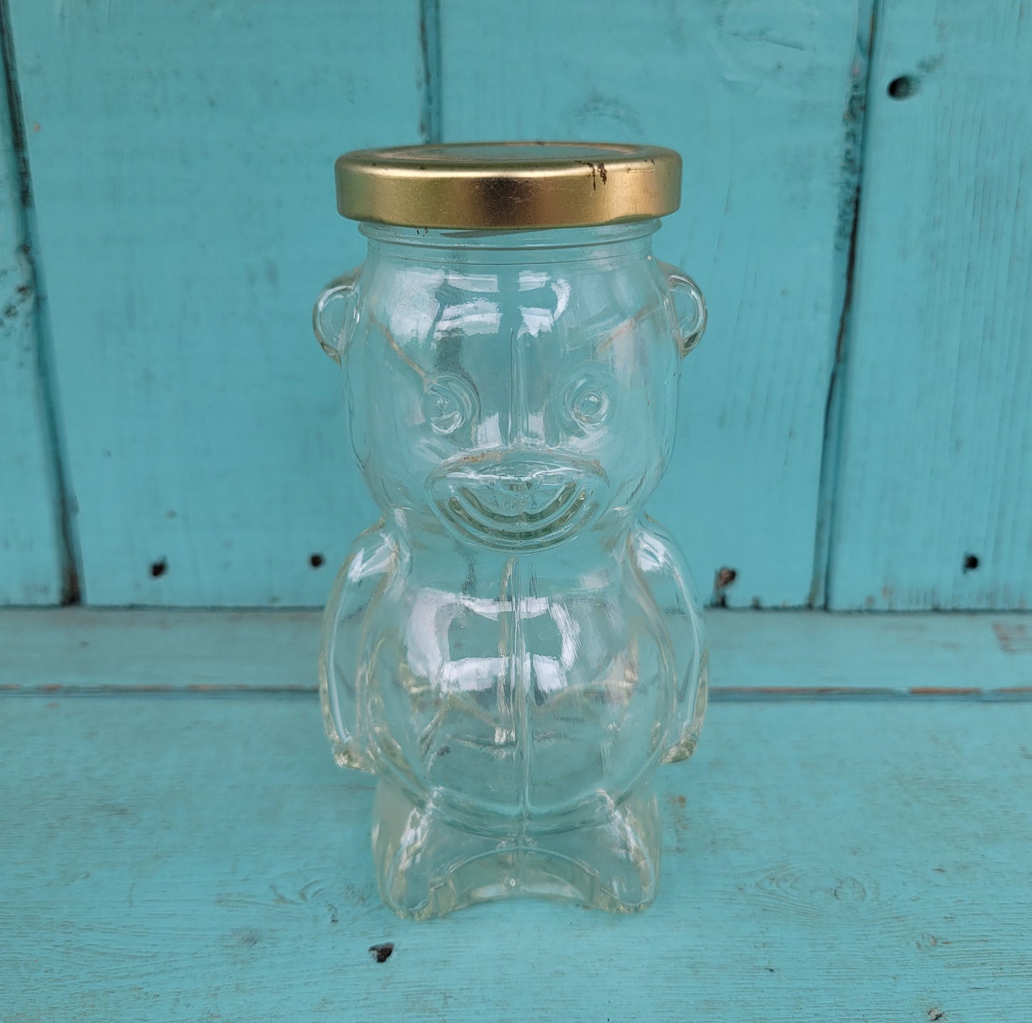 circa. 1980s glass teddy bear-shaped honey jar