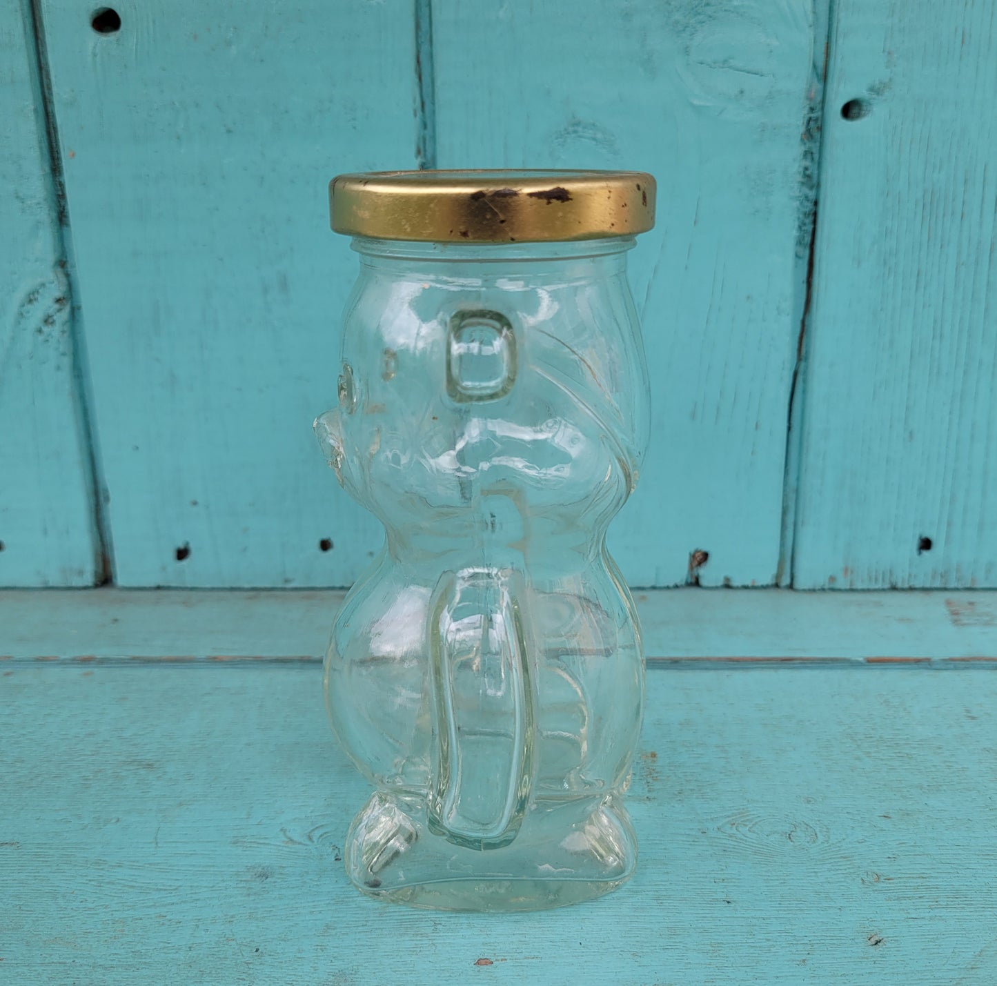 circa. 1980s glass teddy bear-shaped honey jar