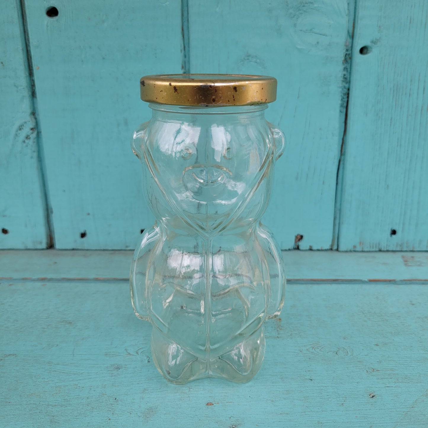 circa. 1980s glass teddy bear-shaped honey jar
