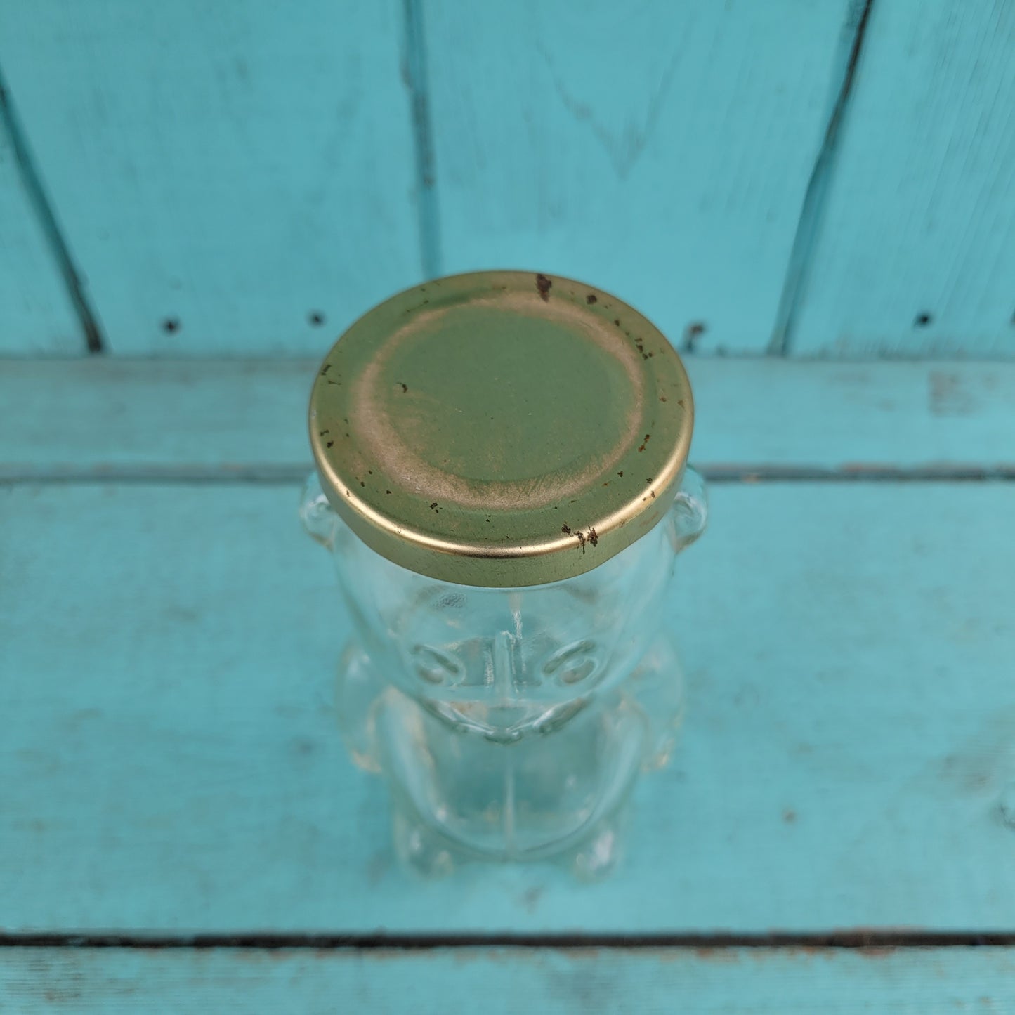 circa. 1980s glass teddy bear-shaped honey jar