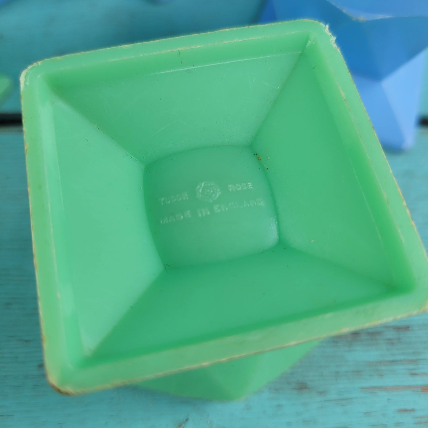 Six 1950s Tudor Rose green, & blue plastic egg cups