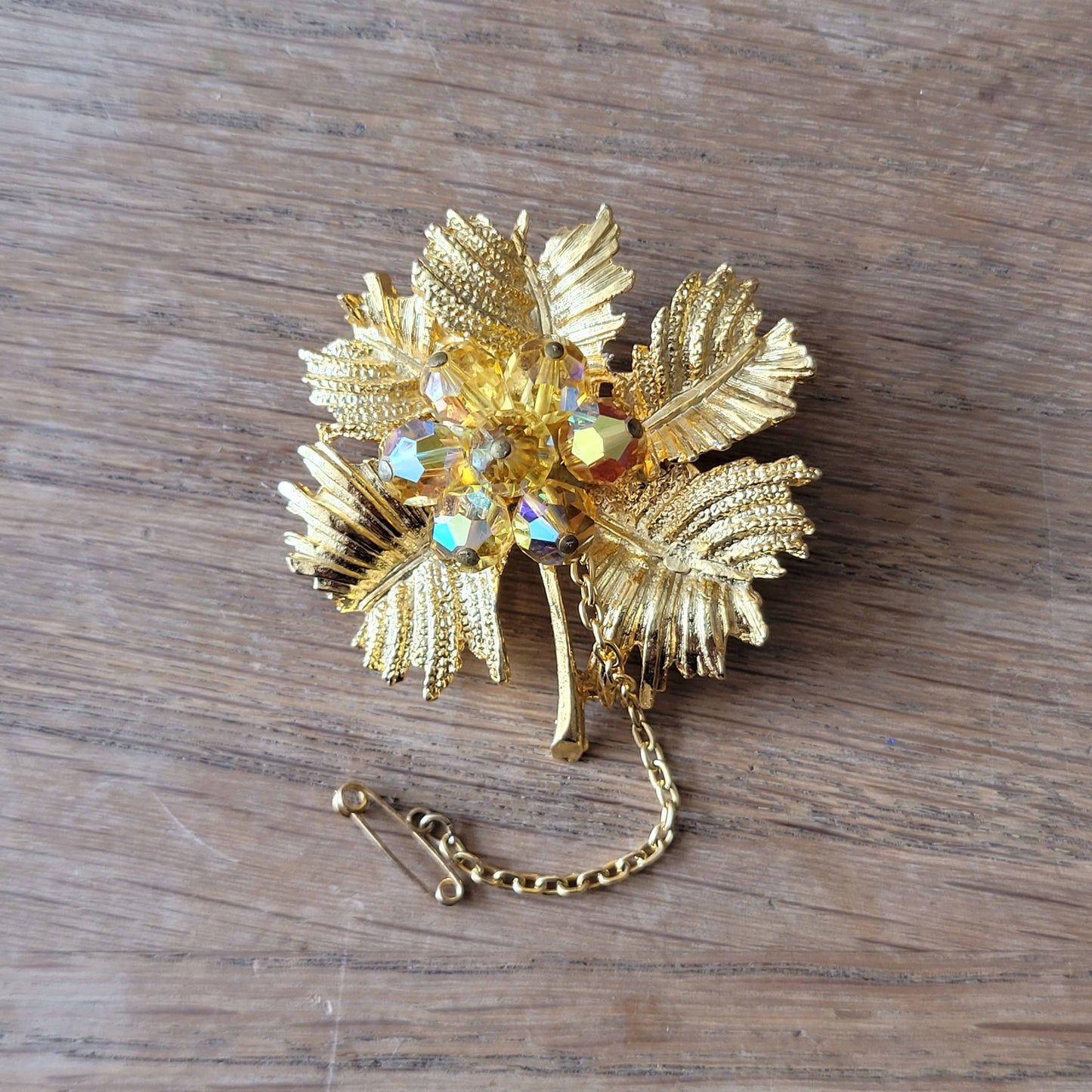 1960s gold-tone leaf spray brooch with amber AB crystal beads & safety chain