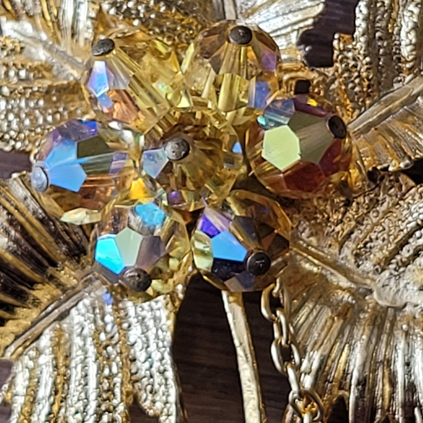 1960s gold-tone leaf spray brooch with amber AB crystal beads & safety chain